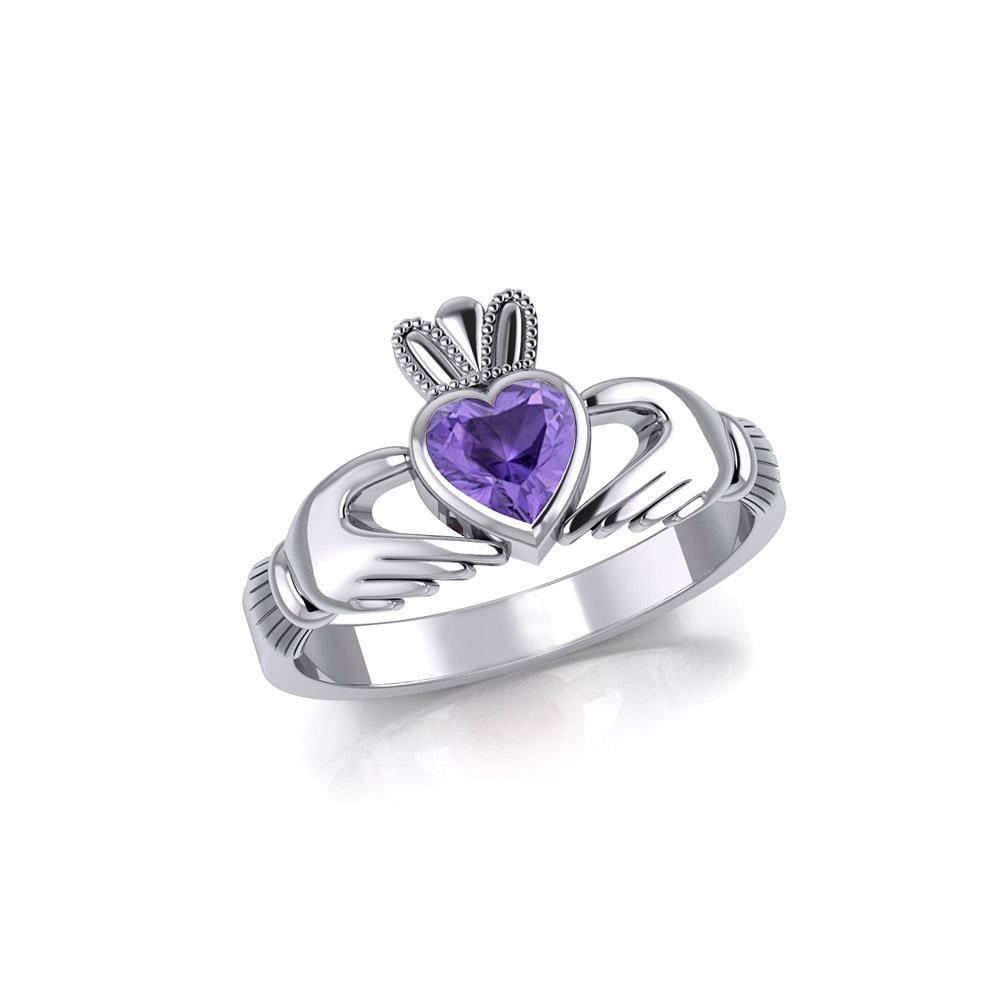 Irish Claddagh Silver Ring with Large Gemstone TRI1901