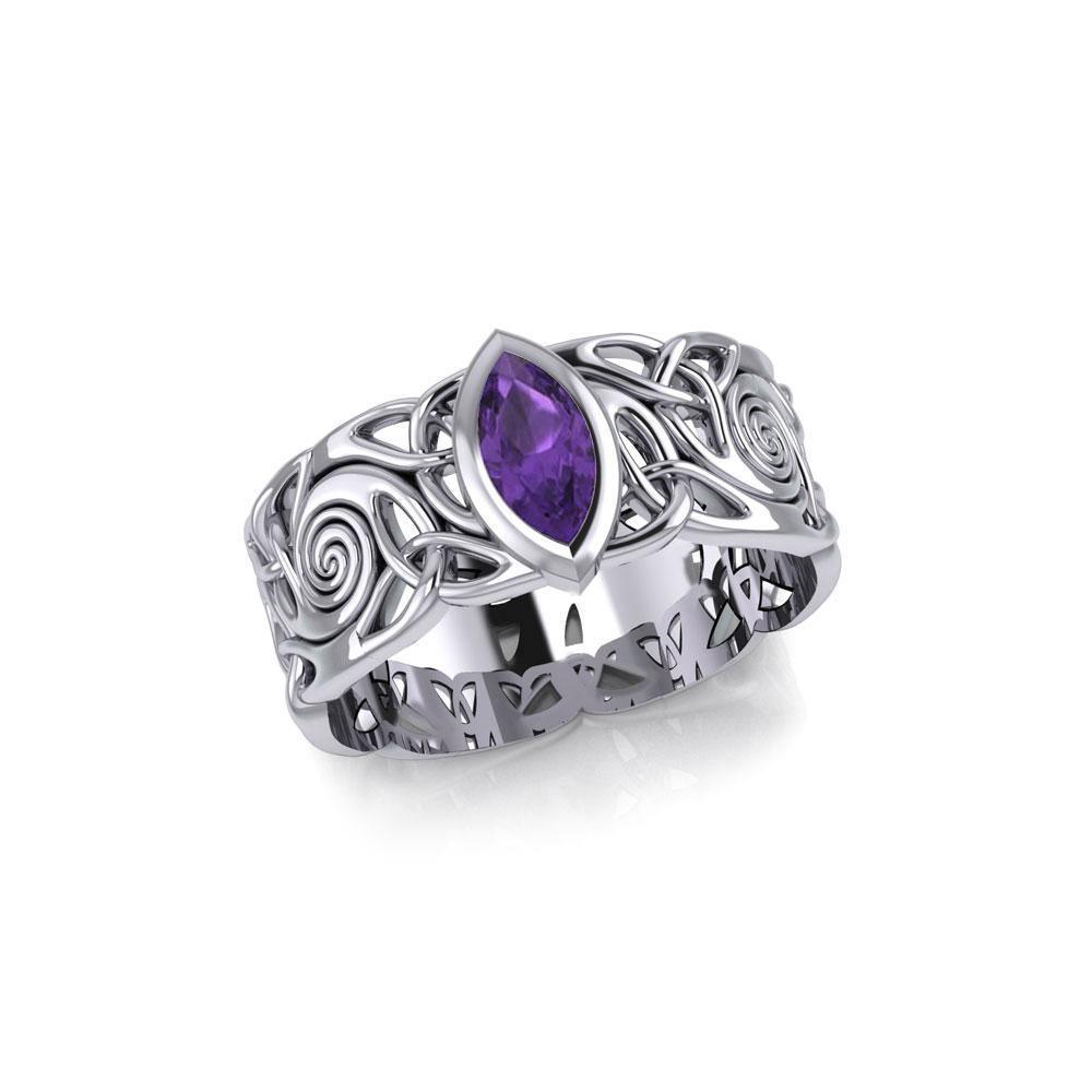 Celtic Silver Spiral Band Ring with Marquise Gemstone TRI1914