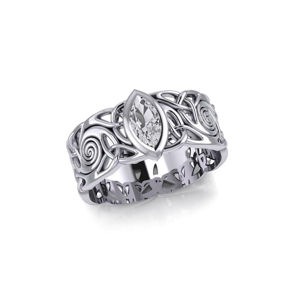 Celtic Silver Spiral Band Ring with Marquise Gemstone TRI1914
