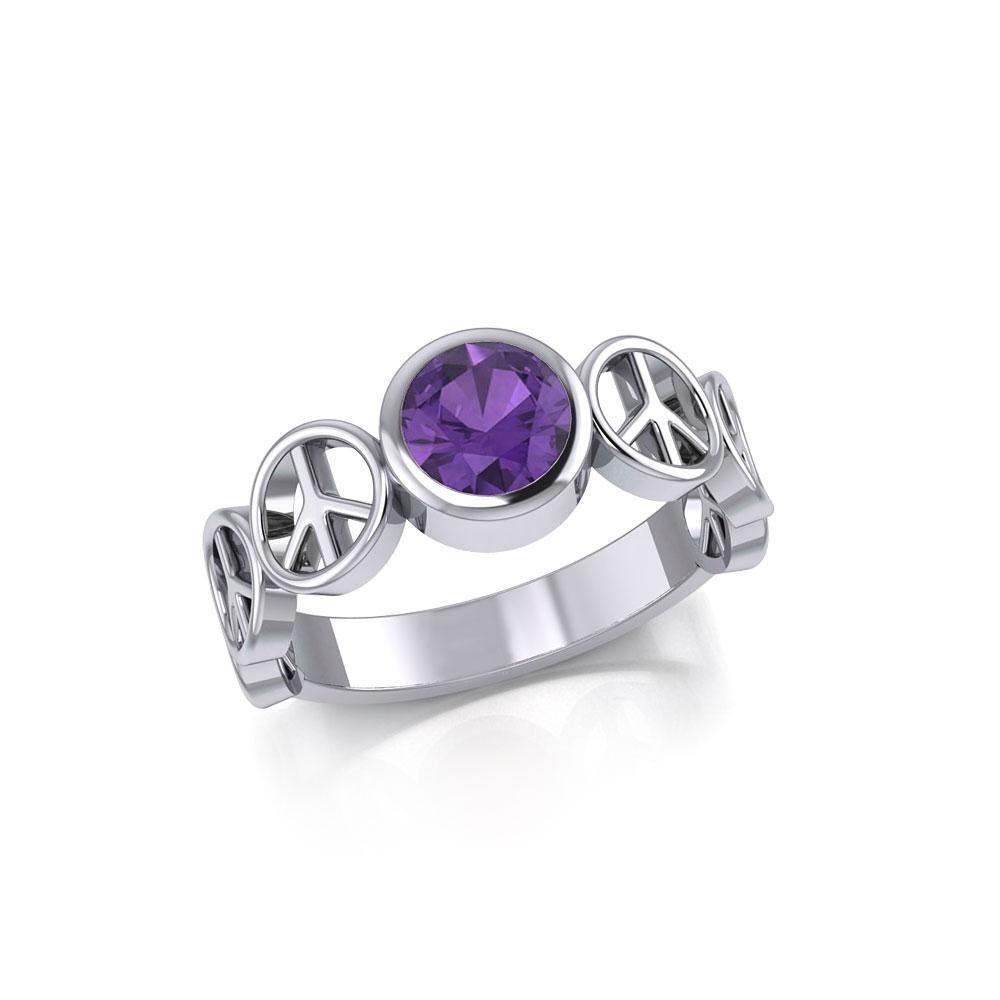 Peace Symbol Silver Band Ring With Gemstone TRI1916
