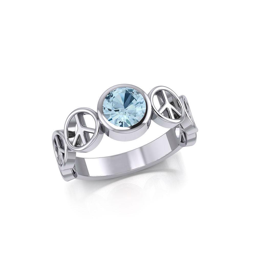 Peace Symbol Silver Band Ring With Gemstone TRI1916
