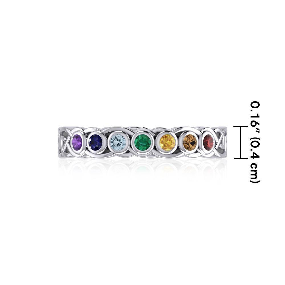 Celtic Knot Silver Band Ring with Chakra Gemstones TRI1919