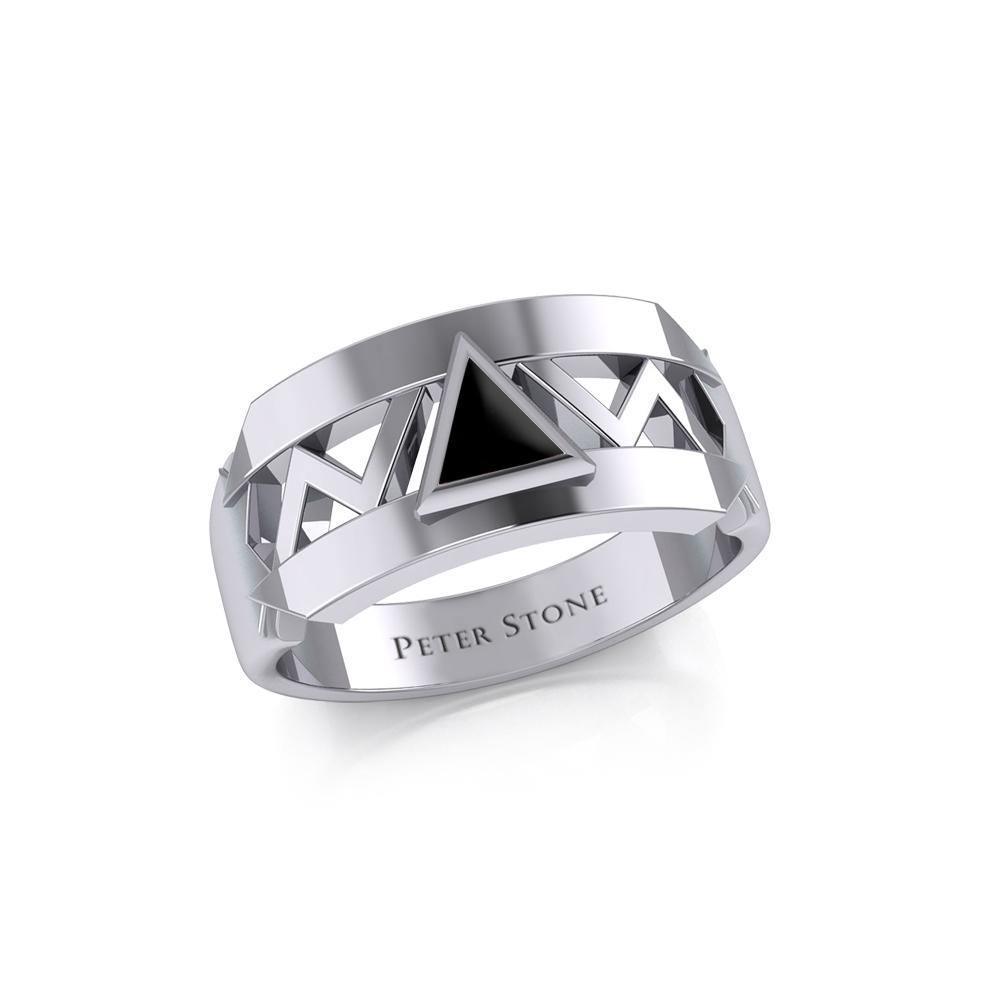 Silver Modern Band Ring with Inlaid Recovery Symbol TRI1929