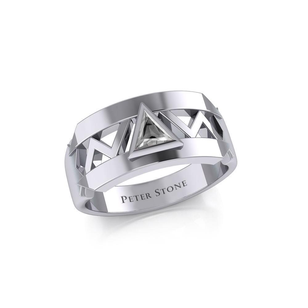 Silver Modern Band Ring with Inlaid Recovery Symbol TRI1929