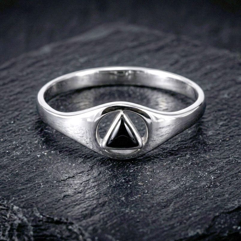 Small Sterling Silver Ring with Inlaid Recovery Symbol TRI1932