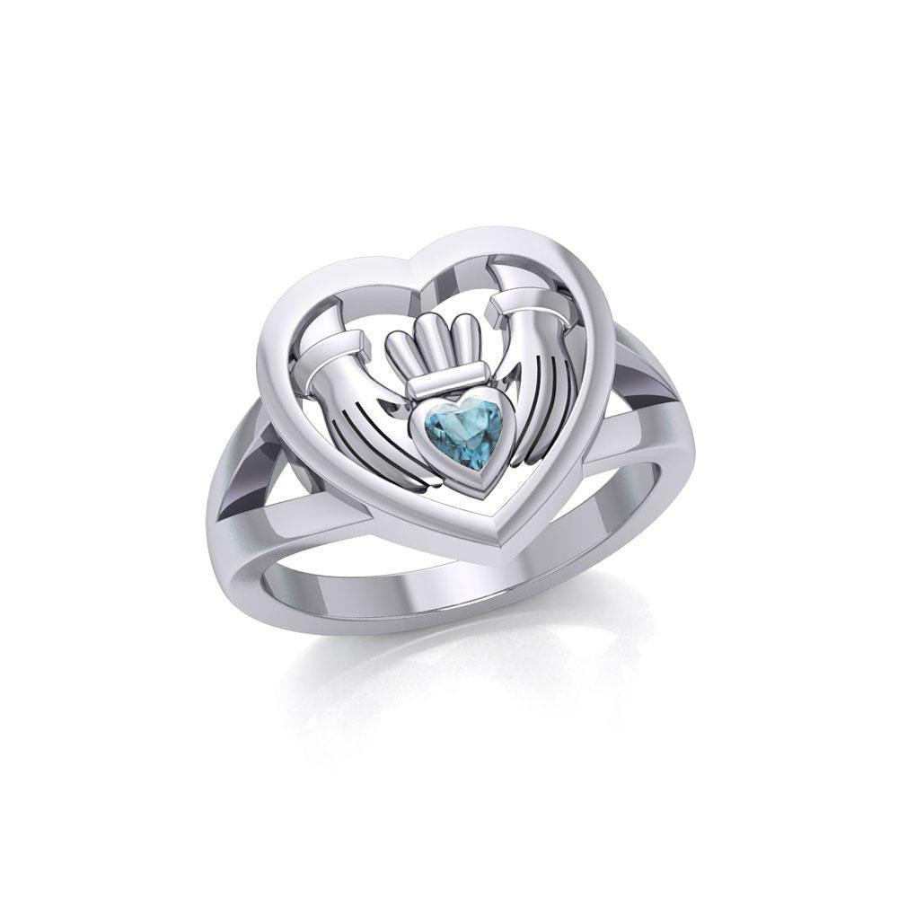 Claddagh in Heart Silver Ring with Gemstone TRI1933