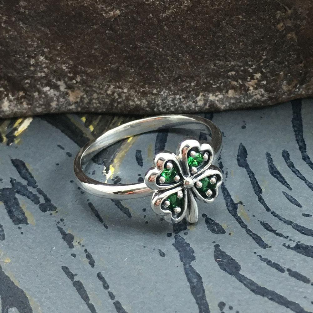 Lucky Four Leaf Clover Silver Ring with Gemstone TRI1934