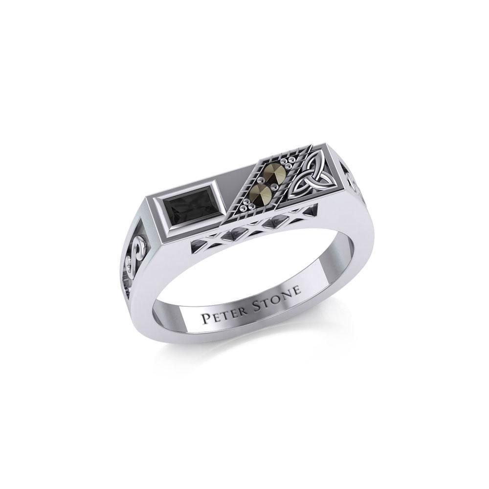 Celtic Trinity Knot Silver Rectangle Band Ring with Gemstones TRI1955