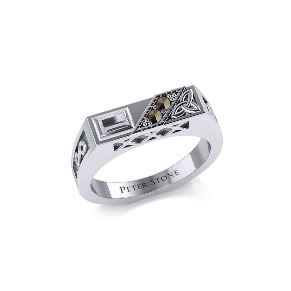 Celtic Trinity Knot Silver Rectangle Band Ring with Gemstones TRI1955