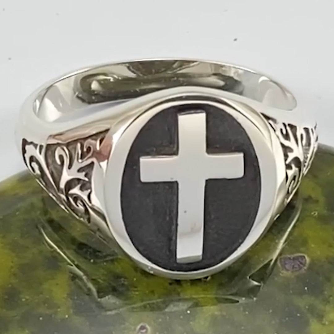 Modern Cross Silver Signet Men Ring TRI1963