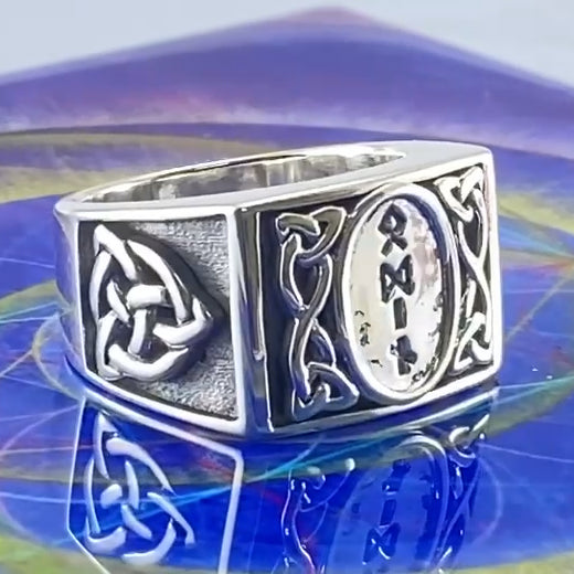 Viking God Odin Runic Sterling Silver Signet Men Ring with Triquetra Design TRI1973