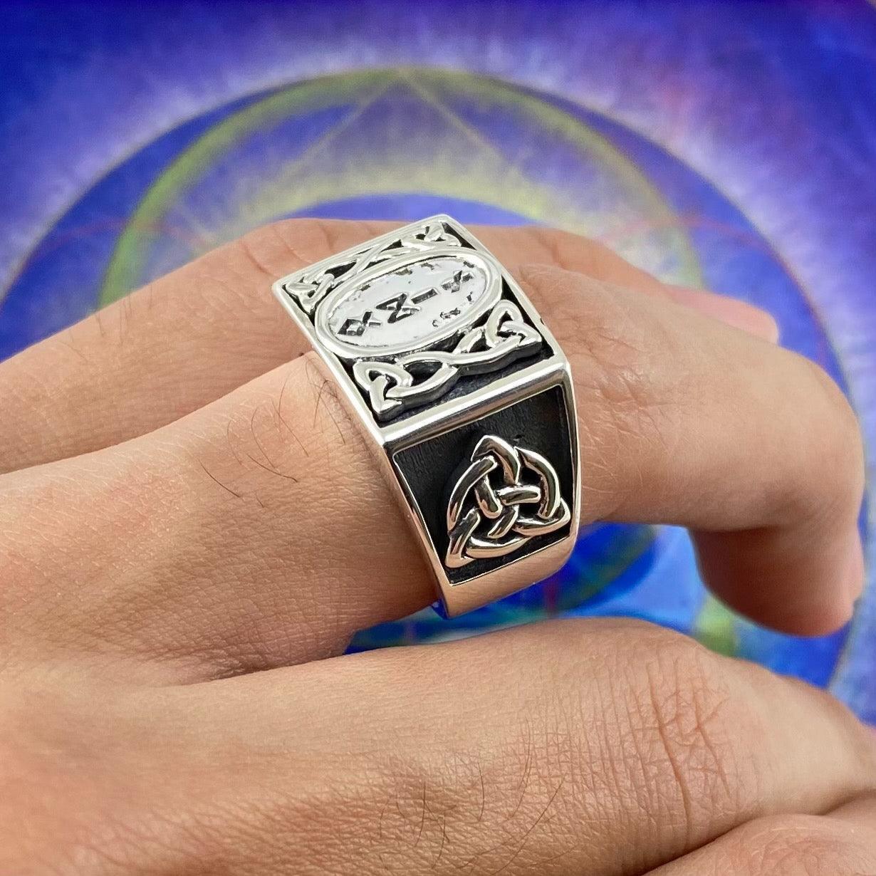 Viking God Odin Runic Silver Signet Men Ring with Triquetra Design TRI1973