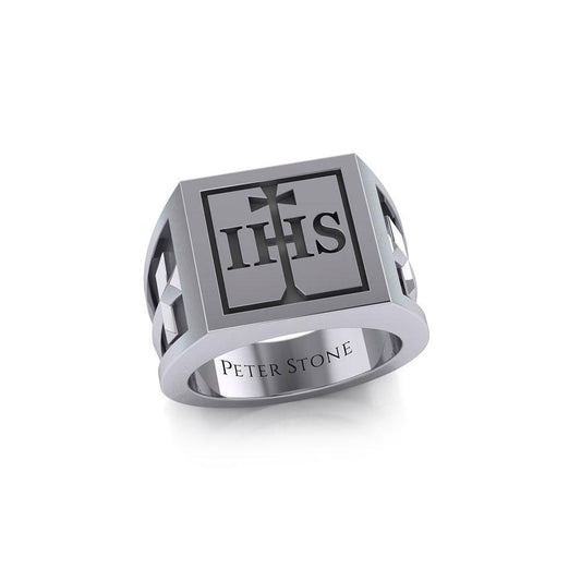 The I H S Cross Silver Signet Men Ring TRI1979