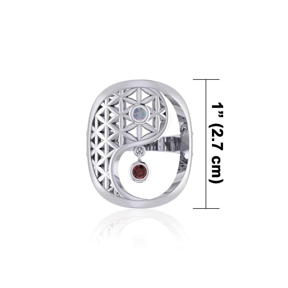 Yin Yang Flower of Life Silver Ring with Gem TRI2169