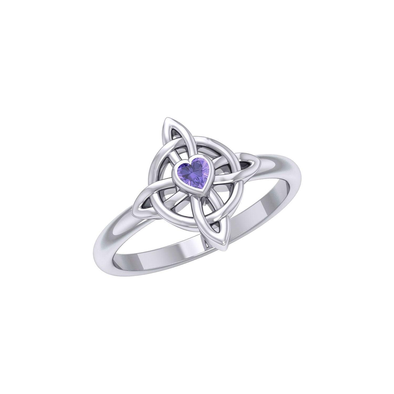 Celtic Four Point Knot Ring With Heart Gemstone TRI2307