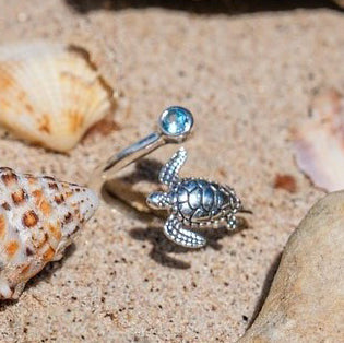Sea Turtle Sterling Silver Ring with Gemstone TRI2344