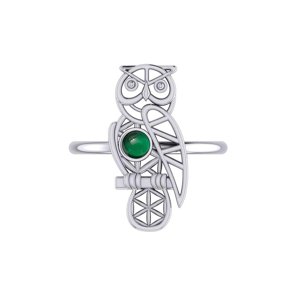 Silver Flower of Life Owl Ring With Gemstone TRI2407