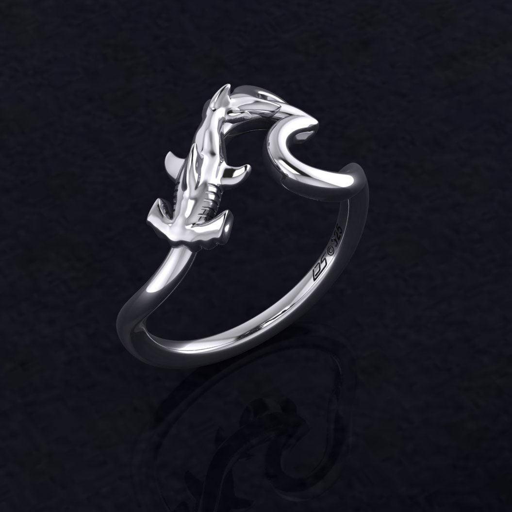 Hammerhead Shark with Wave Silver Ring TRI2428
