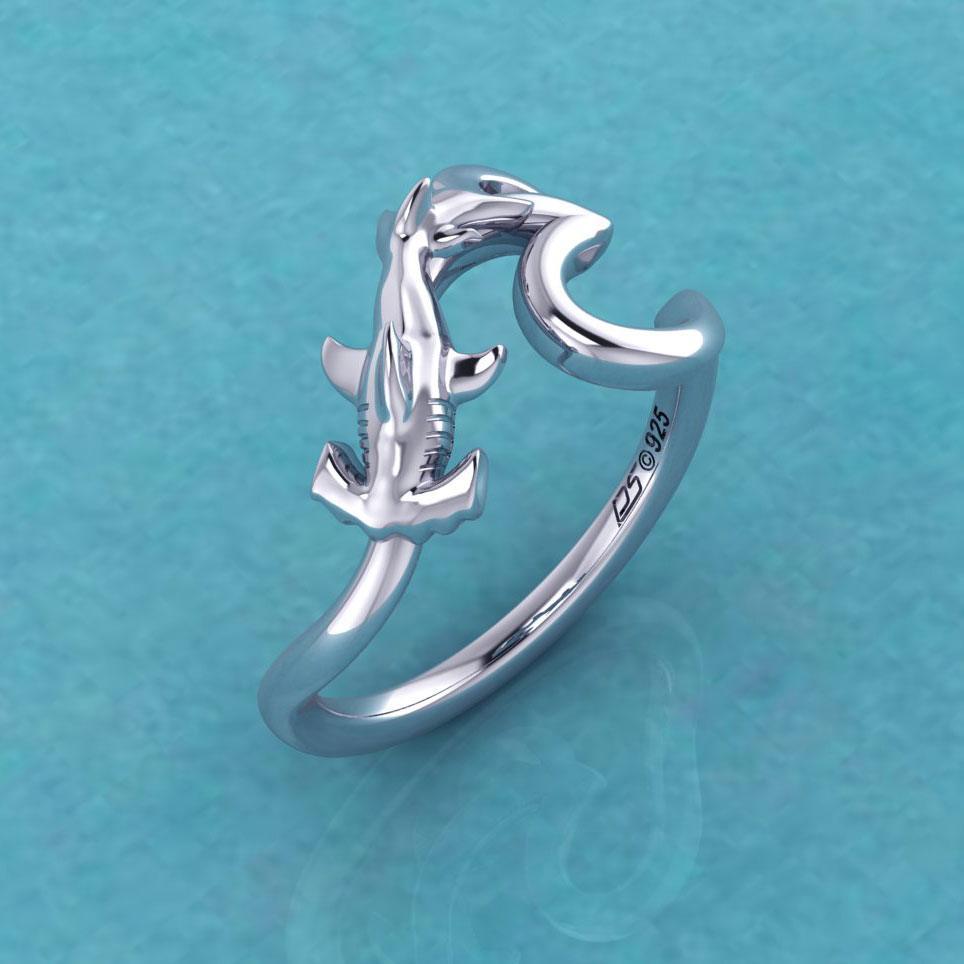 Hammerhead Shark with Wave Silver Ring TRI2428