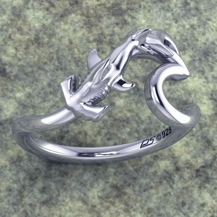Hammerhead Shark with Wave Silver Ring TRI2428