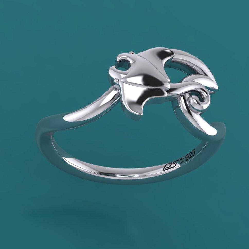 Manta Ray With Wave Silver Ring TRI2432 - peterstone.dropshipping