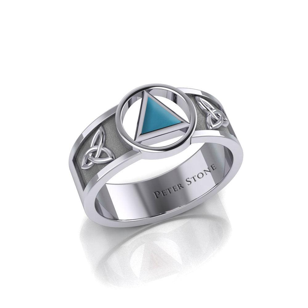 Silver Celtic Trinity Knot Mens Ring With Inlaid Recovery Symbol From AA Recovery Collection Sterling Silver 925 by TRI2434