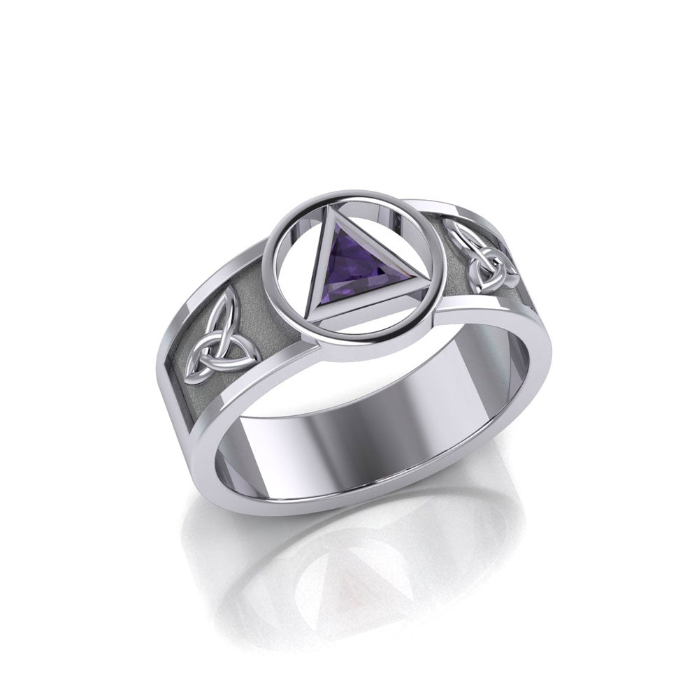 Sterling Silver Celtic Trinity Knot Mens Ring With Inlaid Recovery Symbol From AA Recovery Collection Sterling Silver TRI2434
