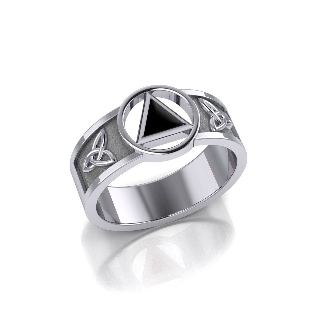 Sterling Silver Celtic Trinity Knot Mens Ring With Inlaid Recovery Symbol From AA Recovery Collection Sterling Silver TRI2434