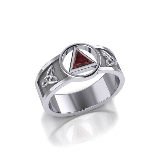 Sterling Silver Celtic Trinity Knot Mens Ring With Inlaid Recovery Symbol From AA Recovery Collection Sterling Silver TRI2434