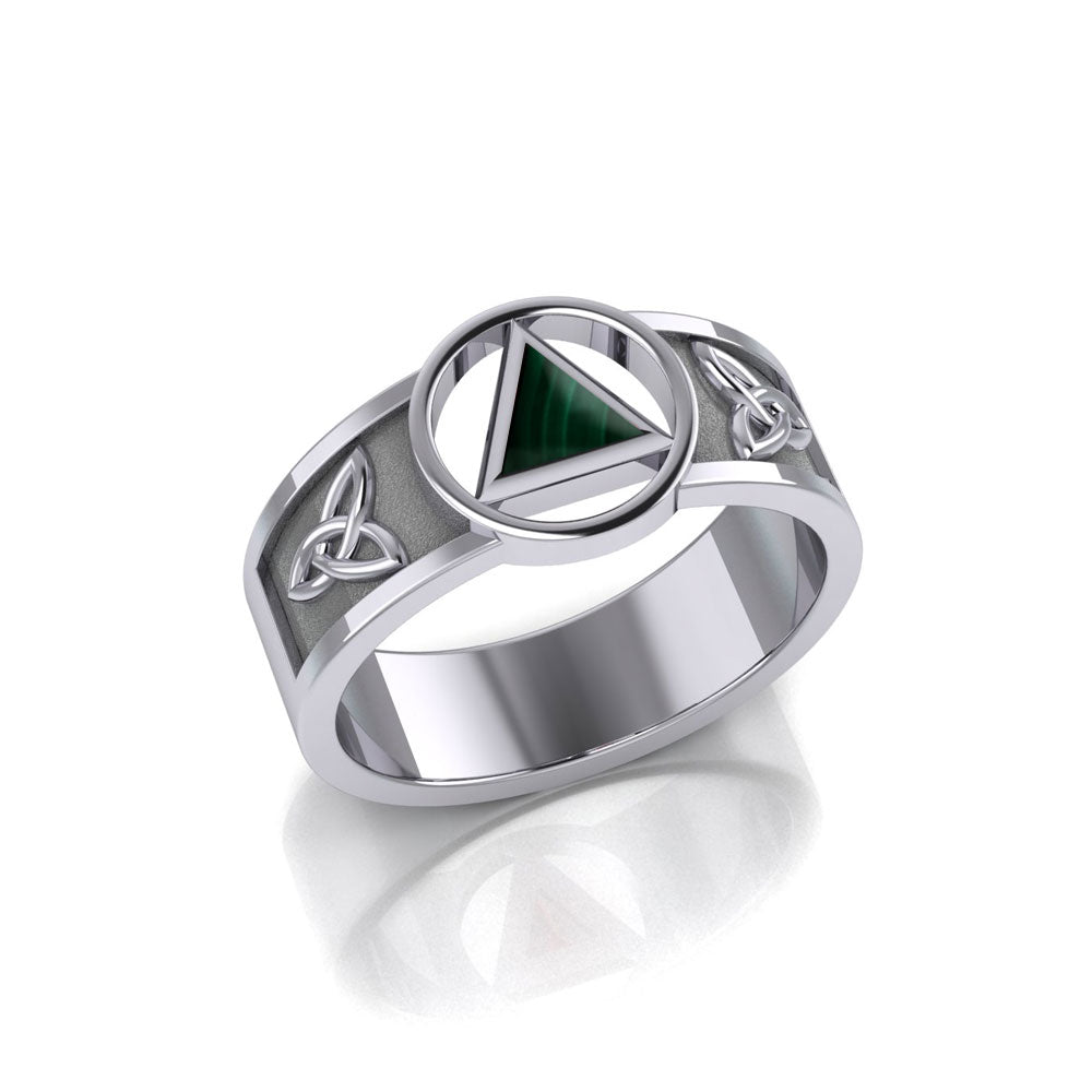 Sterling Silver Celtic Trinity Knot Mens Ring With Inlaid Recovery Symbol From AA Recovery Collection Sterling Silver TRI2434