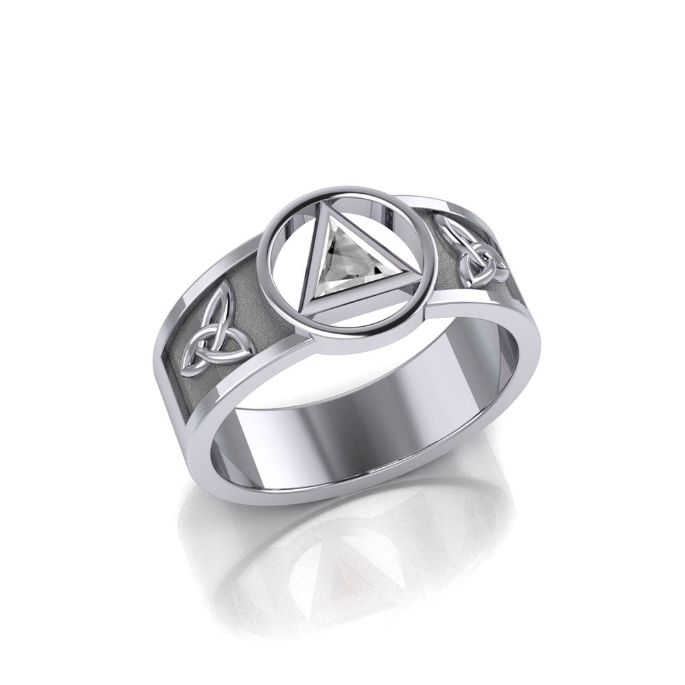 Sterling Silver Celtic Trinity Knot Mens Ring With Inlaid Recovery Symbol From AA Recovery Collection Sterling Silver TRI2434