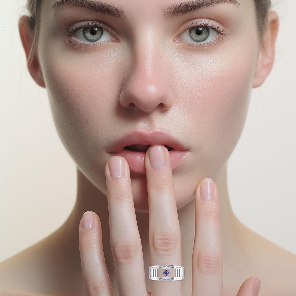 The Modern Silver Band Ring with Square Gemstone NA Symbol TRI2437