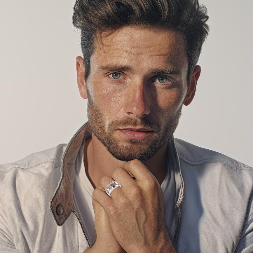 The Modern Silver Band Ring with Square Gemstone NA Symbol TRI2437