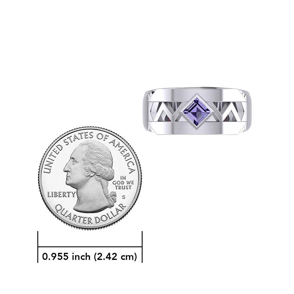 The Modern Zigzag Silver Band Ring with Square Gemstone NA Symbol TRI2438 - peterstone.dropshipping