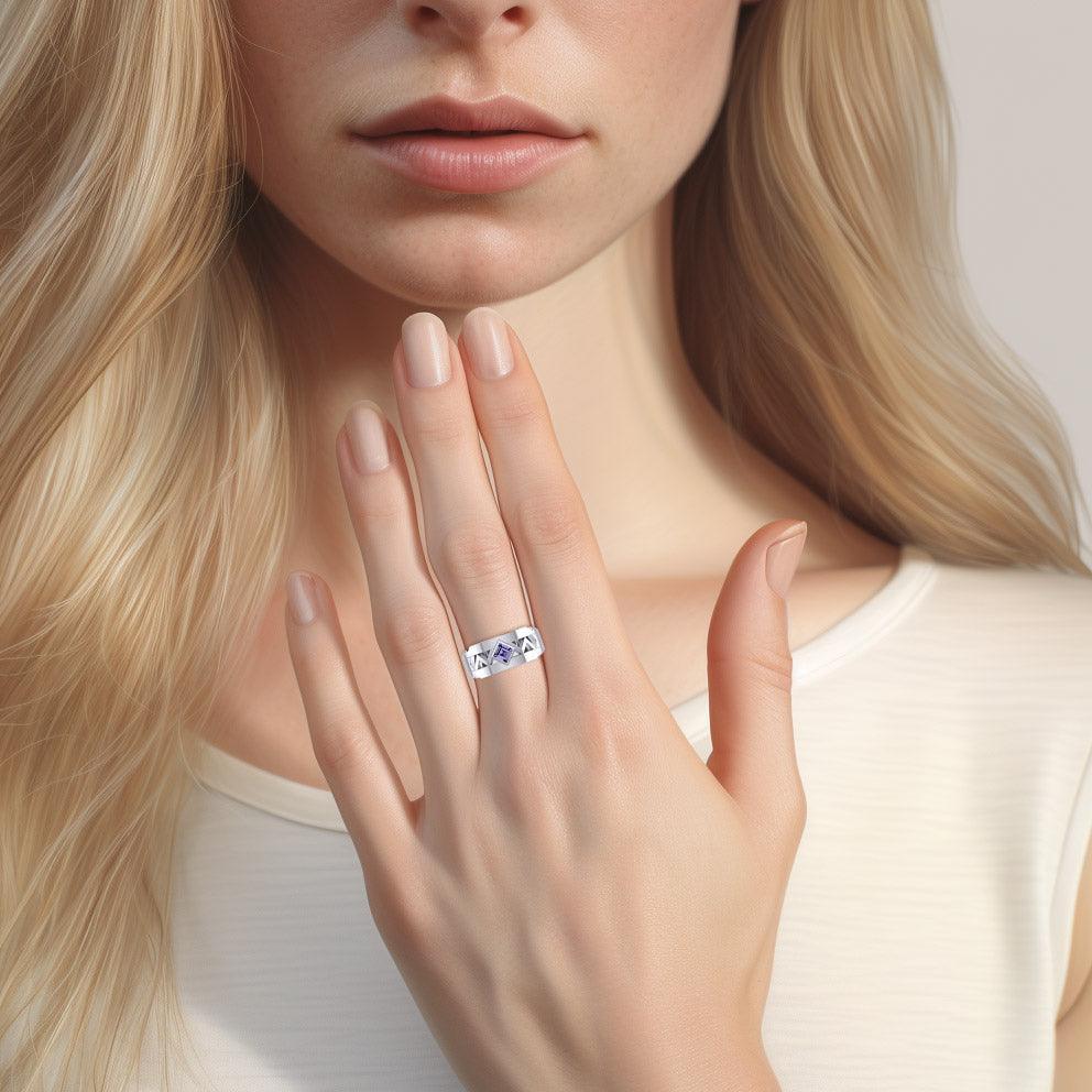 The Modern Zigzag Silver Band Ring with Square Gemstone NA Symbol TRI2438 - peterstone.dropshipping