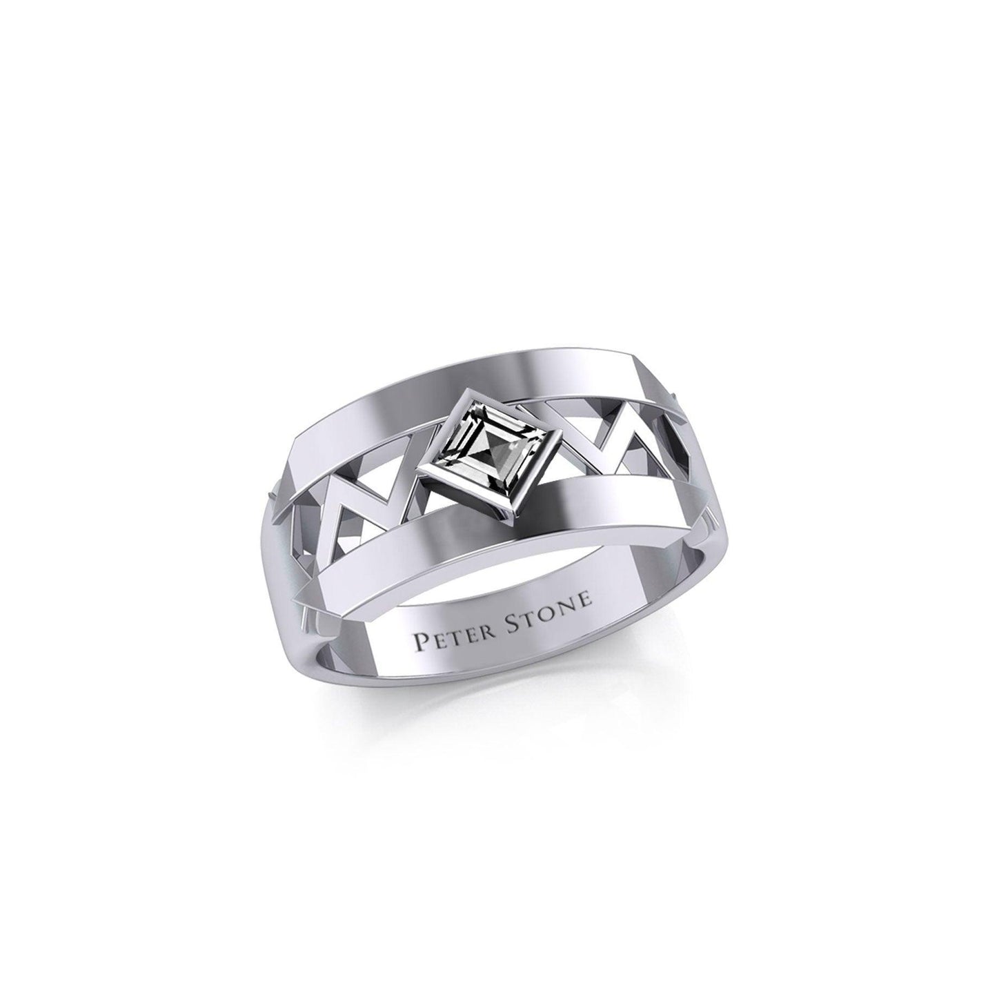 The Modern Zigzag Silver Band Ring with Square Gemstone NA Symbol TRI2438 - peterstone.dropshipping