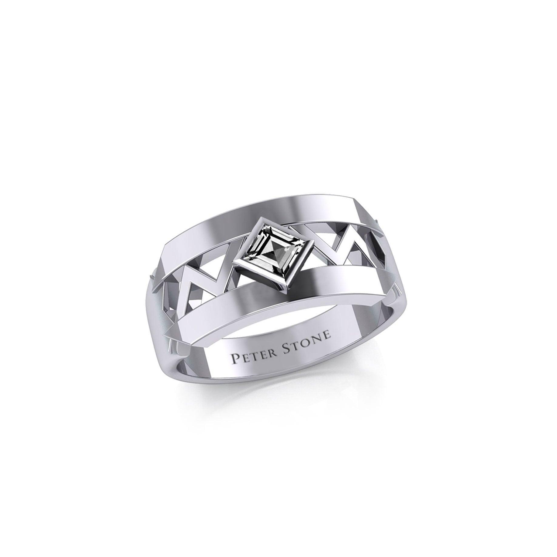 The Modern Zigzag Silver Band Ring with Square Gemstone NA Symbol TRI2438 - peterstone.dropshipping