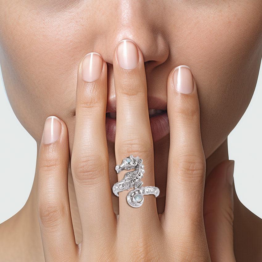 Seahorse with Gemstone Silver Wrap Ring TRI2443 - Wholesale Jewelry