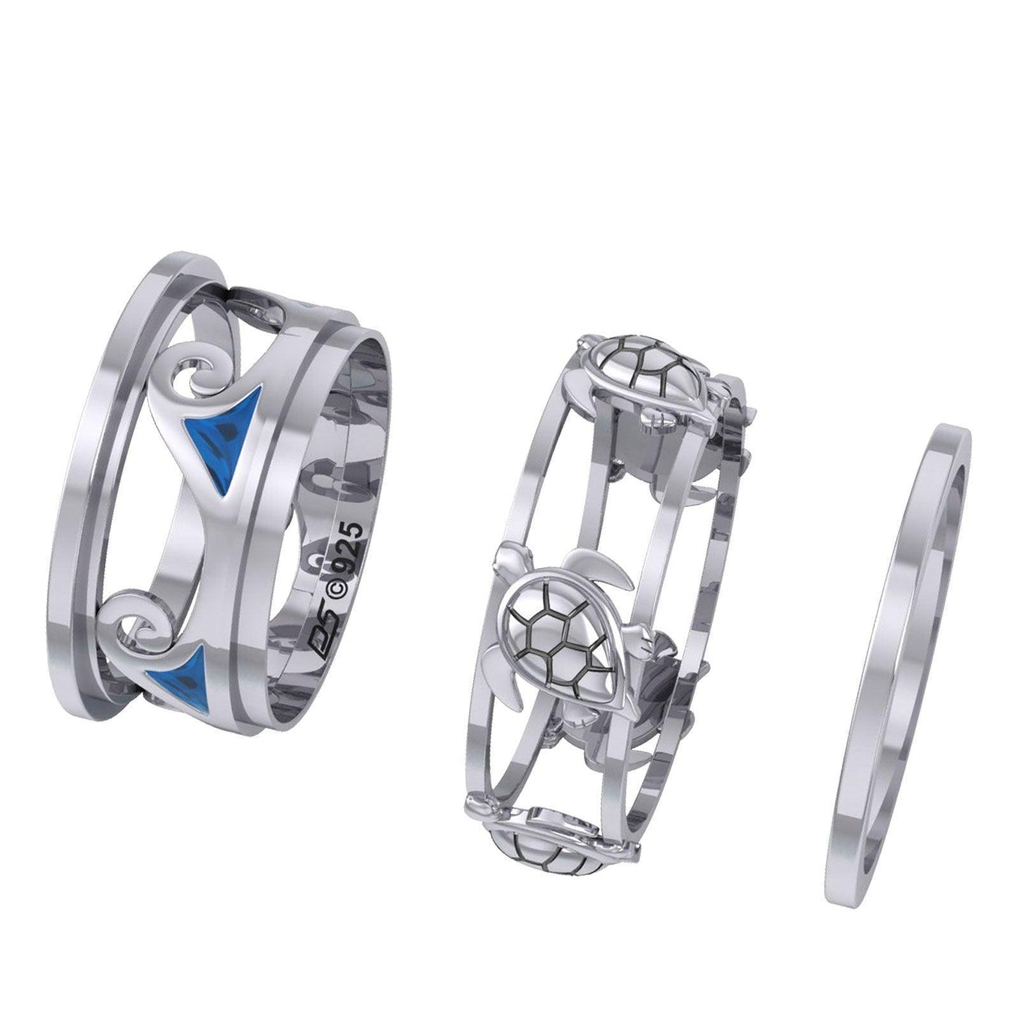 Sea Turtle and Blue Enamel Wave Silver Spinner Ring TRI2447