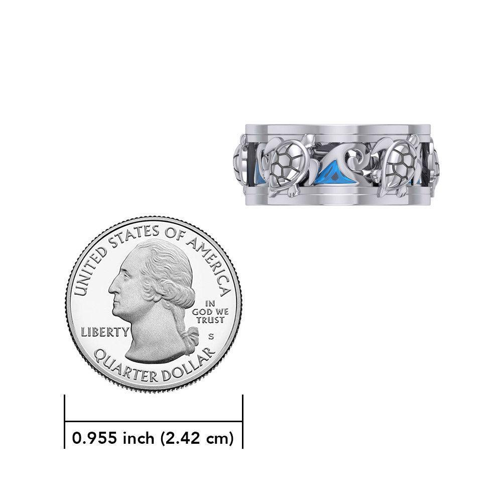 Sea Turtle and Blue Enamel Wave Silver Spinner Ring TRI2447