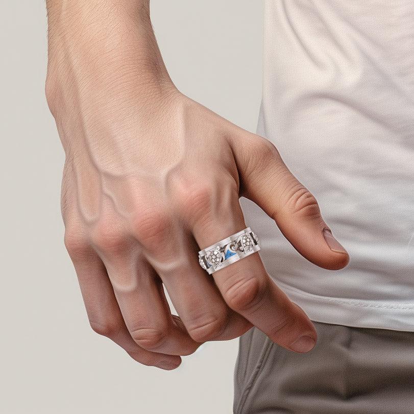 Sea Turtle and Blue Enamel Wave Silver Spinner Ring TRI2447