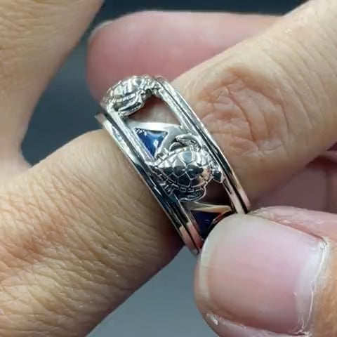 Sea Turtle and Blue Enamel Wave Silver Spinner Ring TRI2447