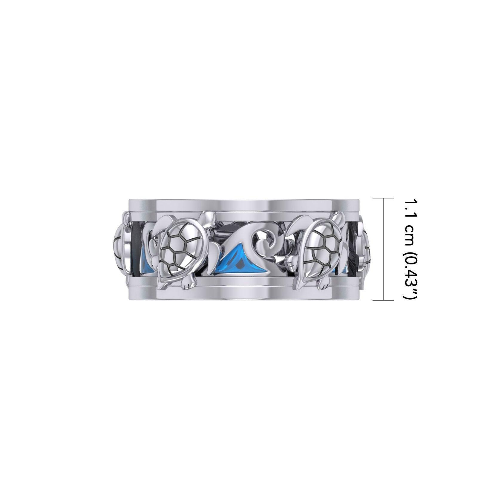 Sea Turtle and Blue Enamel Wave Silver Spinner Ring TRI2447