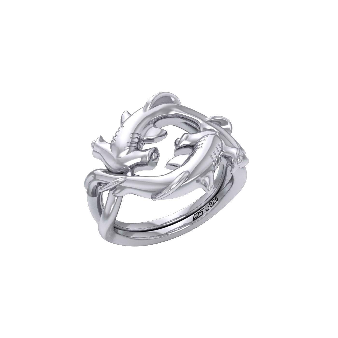 Enigma Fusion Sterling Silver Double-Hammer Headed Shark Puzzle Ring by Peter Stone TRI2470 - peterstone.dropshipping