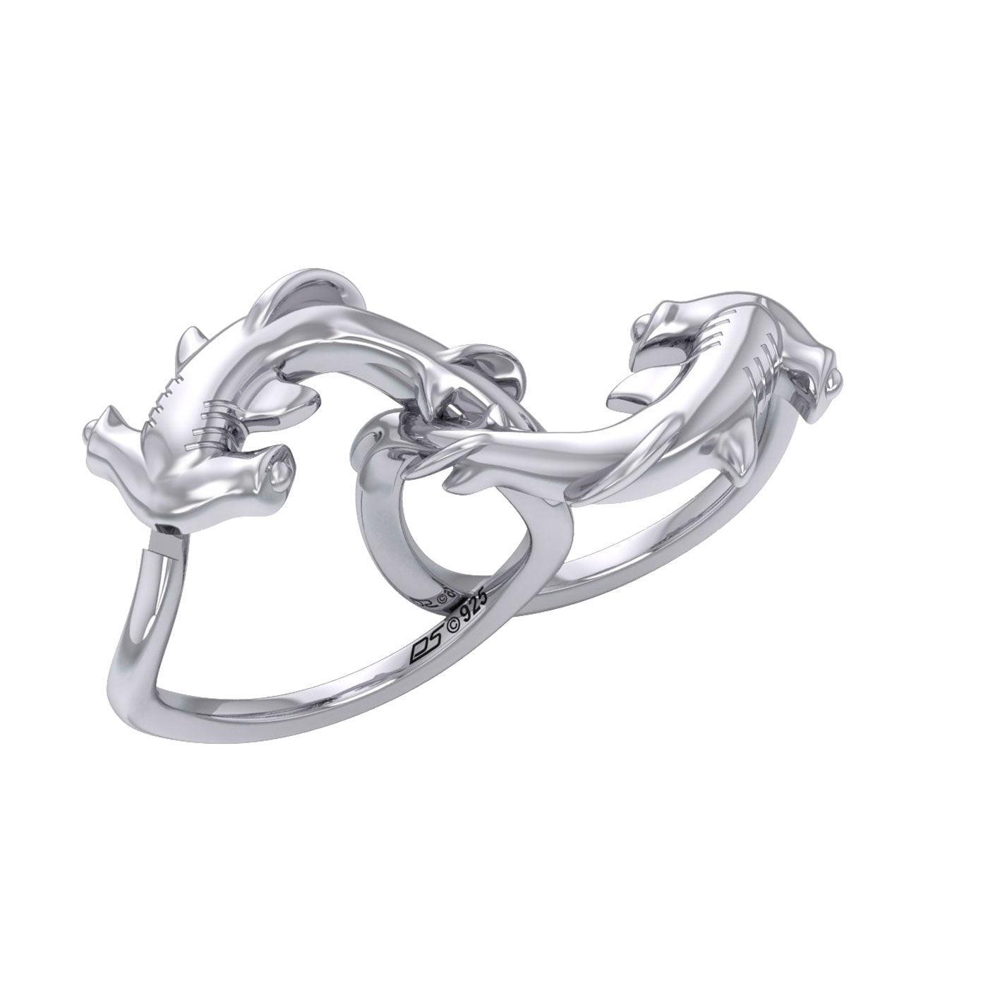 Enigma Fusion Sterling Silver Double-Hammer Headed Shark Puzzle Ring by Peter Stone TRI2470 - peterstone.dropshipping