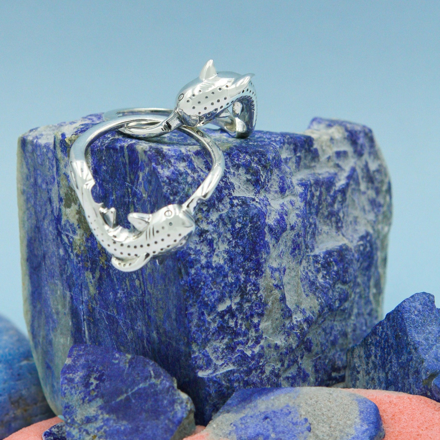 Marine Harmony Sterling Silver Whale Sharks Puzzle Ring by Peter Stone TRI2471 - Wholesale Jewelry