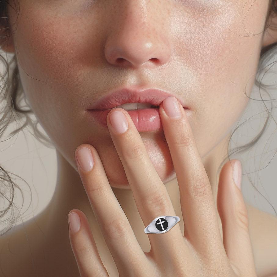 Spiritual Elegance Sterling Silver Faith Cross Women Ring with Black Accent by Peter Stone Jewelry TRI2474