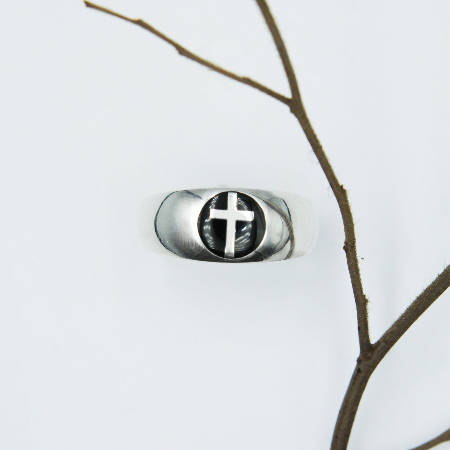 Spiritual Elegance Sterling Silver Faith Cross Men Band Ring with Black Accent by Peter Stone Jewelry TRI2475 - Wholesale Jewelry