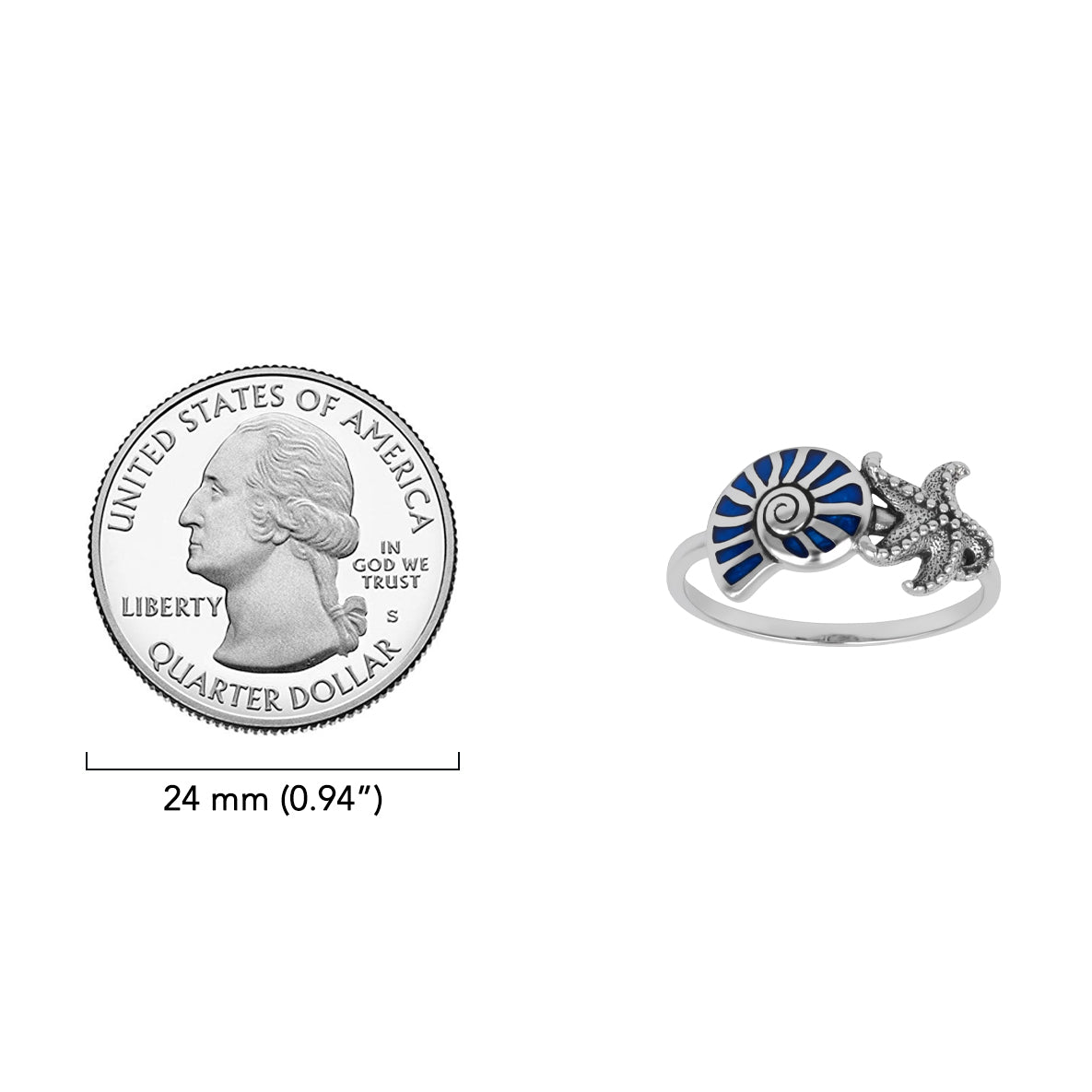 Nautilus Shell and Starfish Sterling Silver Ring with Paua Inlay TRI2585*