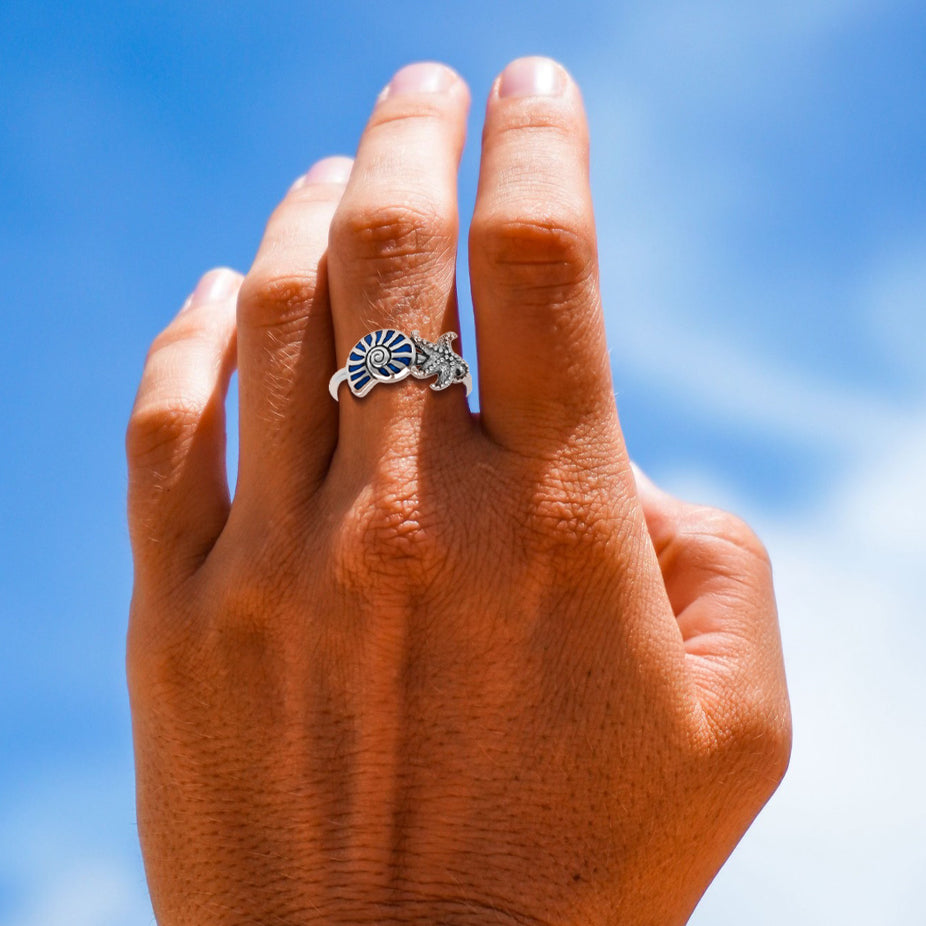 Nautilus Shell and Starfish Sterling Silver Ring with Paua Inlay TRI2585*